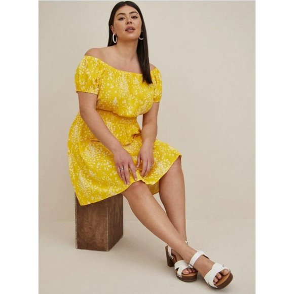 Torrid Yellow Mini Lenny Smocked Off-Shoulder Dress - 6/6X - Picture 1 of 13